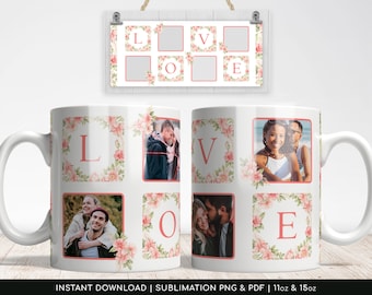 LOVE Floral Photo Grid Mug Design. Sublimation Digital Paper. Love pattern for Transfers 11oz | 15oz - High-Resolution Transparent PNG