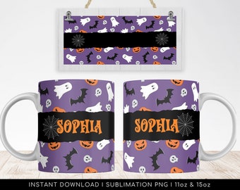 Halloween Sublimation Mug, Add Name Custom PNG Mug File for Sublimation, Mug Halloween Pattern, Mug PNG file, Mug Wrap Transfers 11oz & 15oz