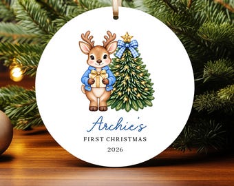 Baby's First Christmas Ornament PNG, Deer Custom Text Xmas Keepsake Design (Digital Download)
