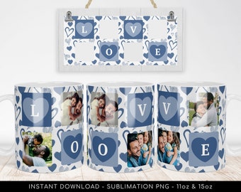 LOVE Photo Grid blue heart pattern. Sublimation Mug Wrap PNG File - Add Your Photo Mug Design 11oz | 15oz - High-Resolution Transparent PNG