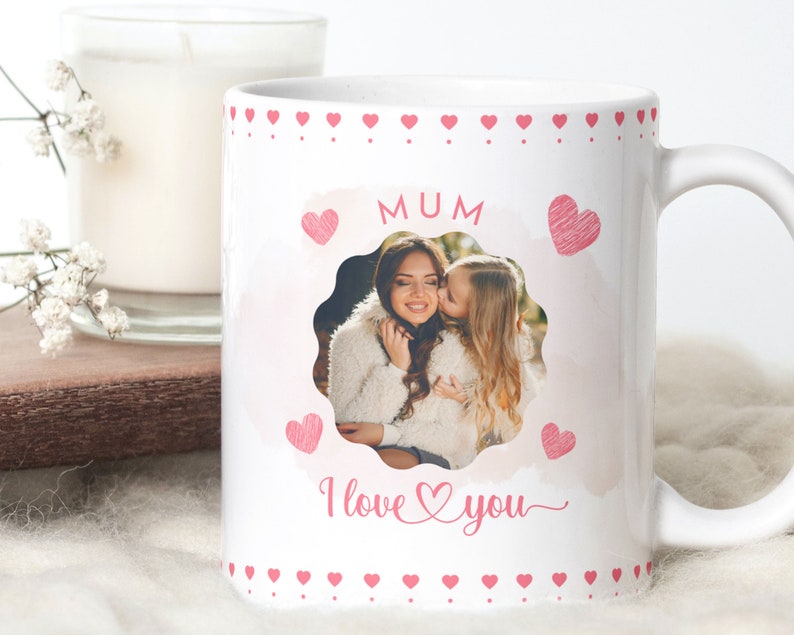 MUM I Love You Photo Mug Template PNG, British Mother's Day Sublimation file, Love Mum Photo Mug, Watercolor Heart 11oz and 15oz image 2