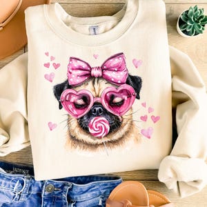 Retro Love Dog PNG, Valentine Pug With Heart Glasses PNG, Valentine&#39;s Day Sublimation, Pug Lovers Art Print, Cute Puppy Clipart for Crafters