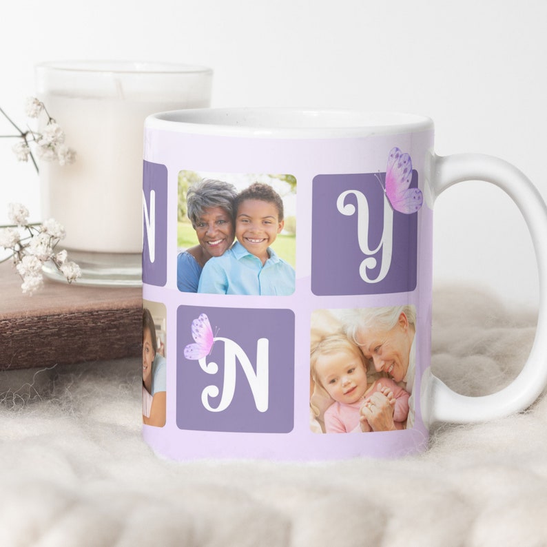 Nanny Photo Grid Floral Mug PNG, Grandmother Sublimation Digital Paper, Grandma Custom Photo Mug Gift, Nanny Butterfly Mug Transfer Wrap PNG image 3