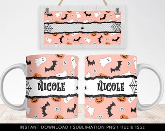 Halloween Sublimation Mug, Add Name Custom PNG Mug File for Sublimation, Mug Halloween Pattern, Mug PNG file, Mug Wrap Transfers 11oz & 15oz