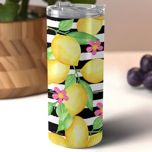 Lemons Stripe Flowers Pattern 20 oz Skinny Tumbler Sublimation Design, Straight & Tapered Wrap, Tumbler Wrap Png, Instant Download image 4