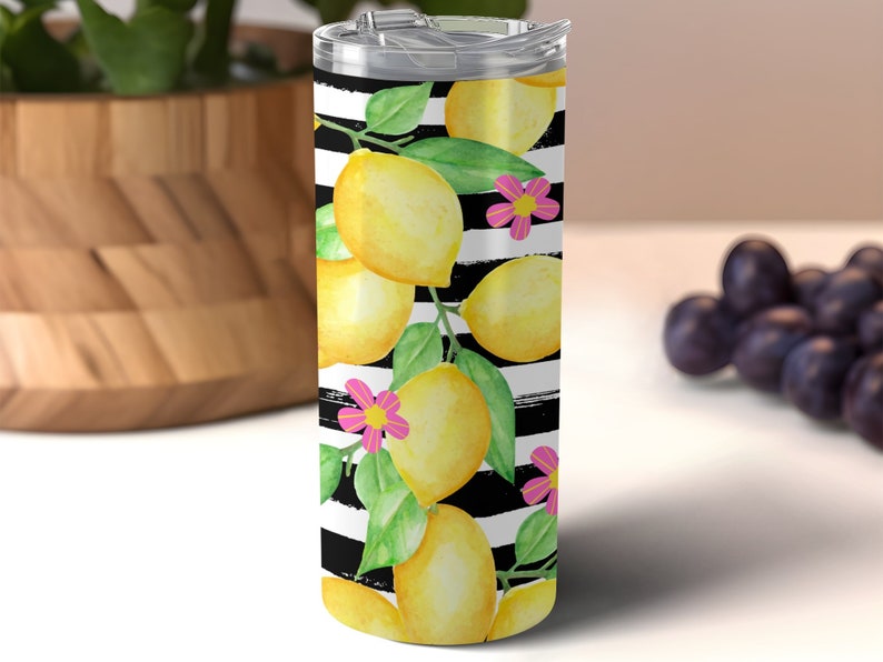 Lemons Stripe Flowers Pattern 20 oz Skinny Tumbler Sublimation Design, Straight & Tapered Wrap, Tumbler Wrap Png, Instant Download image 4