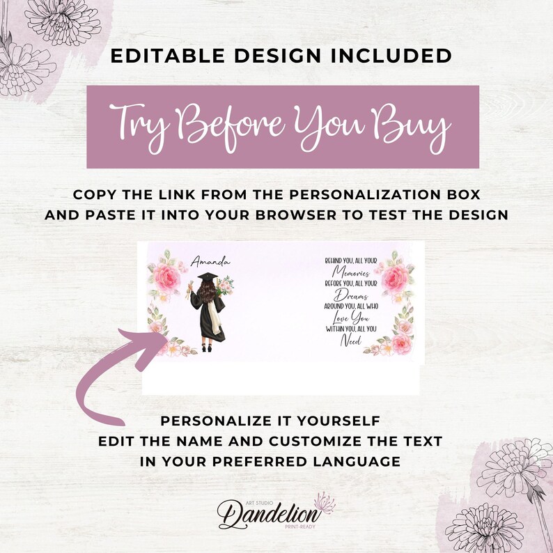 Peut inclure: Un mod&egrave;le de carte de remise de dipl&ocirc;me num&eacute;rique avec un dipl&ocirc;m&eacute; en toge noire, des bordures florales roses et le texte : Behind you, all your memories, before you, all your dreams, around you, all who love you, within you, all you need.