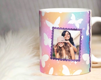 Sublimation PNG Mug Template. Watercolor Photo Mug. Purple Butterfly Pattern, Glitter Photo Frame. Wrap Transfers Design. High-Resolution