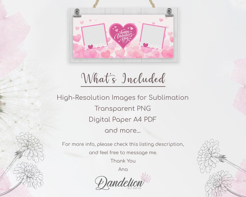 May include: A Valentine's Day-themed digital design featuring a pink heart with "Happy Valentine's Day" text, two photo frames, and a background of pink hearts. The design is displayed on a wooden sign.