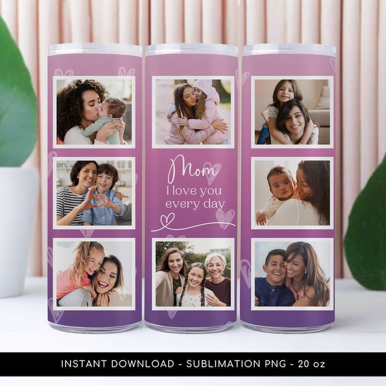 Mom Photo Tumbler PNG File for Sublimation. Mom Tumbler Photo Grid, Tumbler Wrap 20 oz Skinny Tumbler PNG File Instant Download image 1
