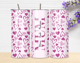 Mum Tumbler Sublimation PNG, Mom Heart Pattern Tumbler, Tumbler Transfer Wrap 20 oz, Mum Split Name Frame Tumbler PNG, Digital Download.