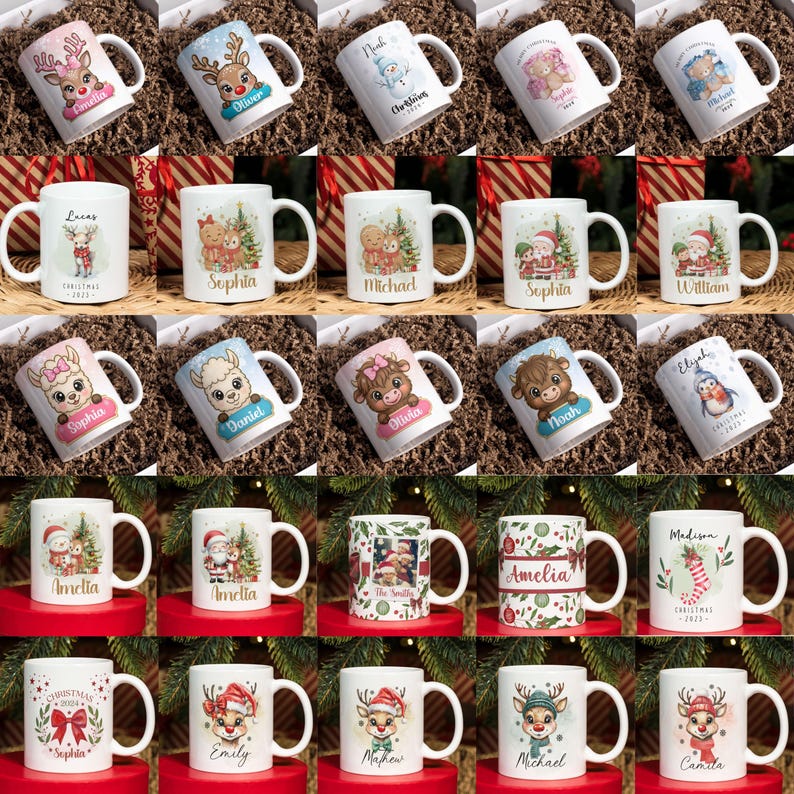 May include: A selection of white ceramic mugs with Christmas designs. Each mug showcases a unique illustration, such as reindeer, snowmen, and festive decorations, alongside personalized names. The mugs are displayed on a brown surface.