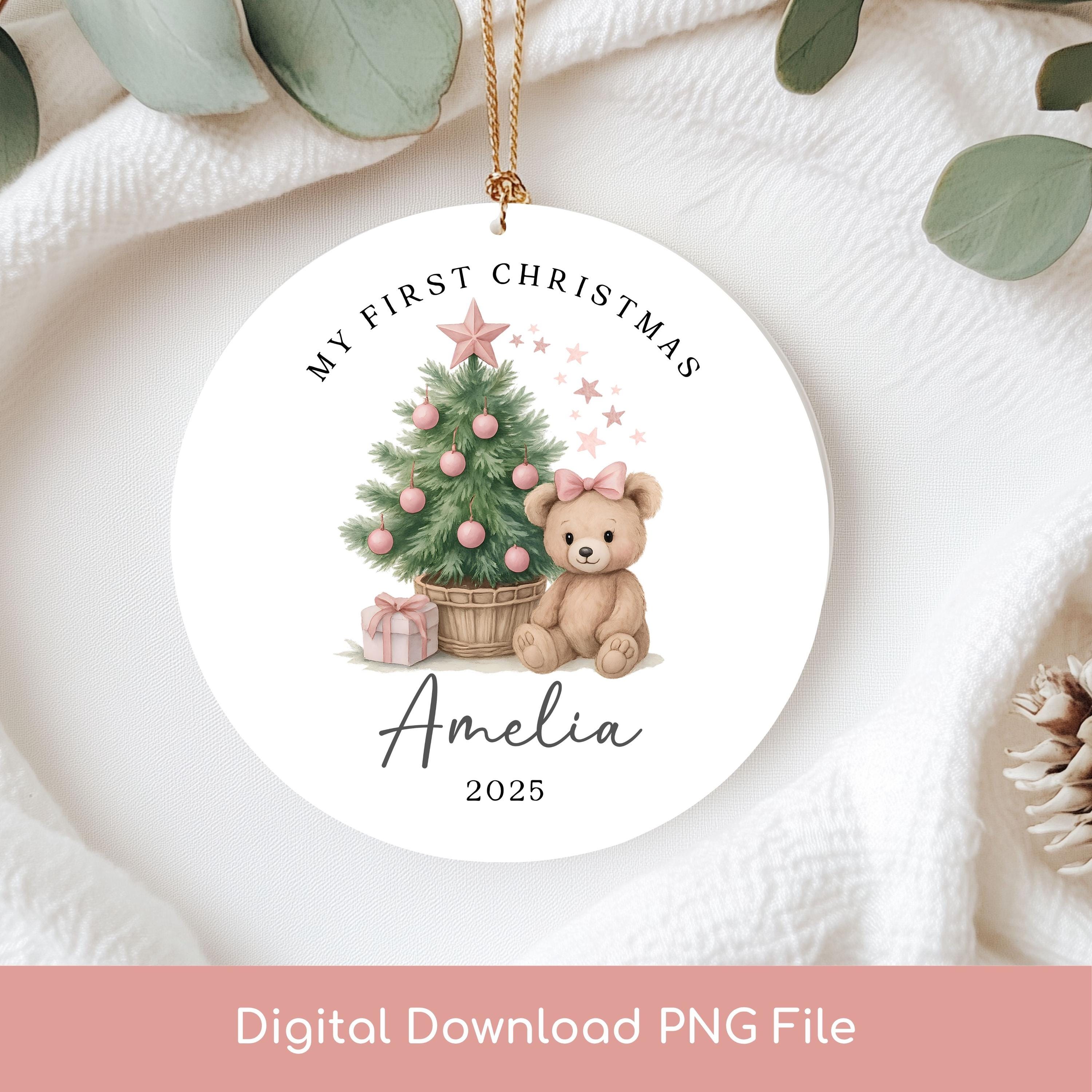 Baby's First Christmas PNG, Cute Bear Printable Design, Baby Girl