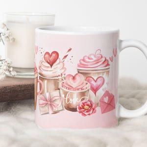 Love Coffee Cup PNG Mug Design. Valentine&#39;s Day Sublimation Mug. Valentine Cups Pattern 11oz | 15oz Transfer Wrap Template, Hearts Mug PNG.