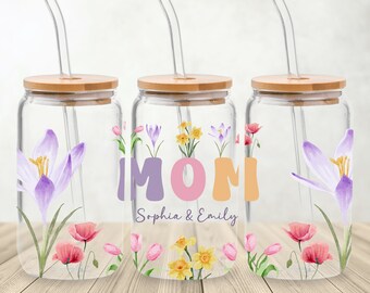 Mom Glass Can Sublimation PNG, Mom Floral Libbey Glass Wrap, Mom Libby Glass Wrap PNG, Mama Frosted Glass Wrap, Custom Name Libbey Glass PNG