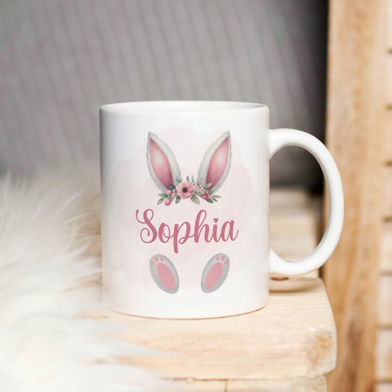 Easter Bunny Personalized Mug Design PNG, Floral Bunny Ears Watercolor Mug, Happy Easter Sublimation Mug PNG, Transfer Wrap Instant Download image 1