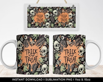 Halloween Sublimation Mug, Trick or Treat PNG Mug File for Sublimation, Mug Halloween Pattern, Mug PNG file, Mug Wrap Transfers 11oz & 15oz.