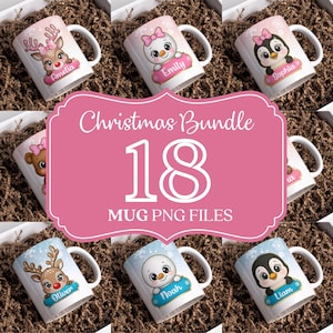 以下が含まれることがあります： トナカイ、雪だるま、ペンギンなど、さまざまなクリスマスをテーマにしたデザインが施された白いセラミックマグのコレクション。各マグには名前が付けられており、18個のマグPNGファイルを含むクリスマスバンドルの一部です。