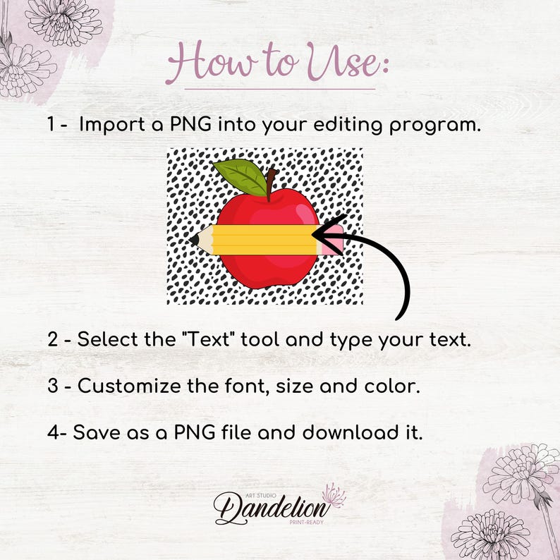 May include: A graphic with instructions on how to use a PNG file. The image features a red apple with a pencil through it, set against a black and white dotted background. Text includes steps for importing, selecting text, customizing, and saving.