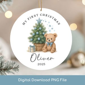 Baby&#39;s First Christmas PNG, Cute Bear Printable Design, Baby Boy First Xmas Ornament PNG, Custom Kids Name Keepsake PNG, Digital Download.