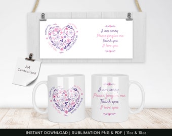 Mug Heart Hoponopono Sublimation Design, Digital Paper for Mugs, 11oz and 15oz - High-Resolution, Print-Ready Wrap Transfer Design, PNG, PDF