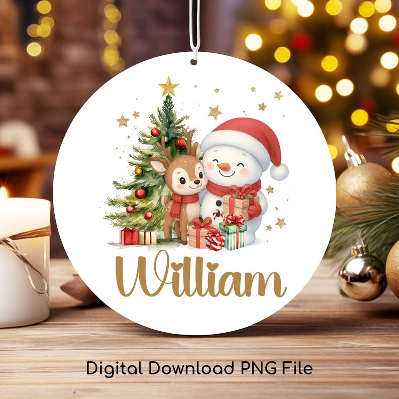 May include: A white, round Christmas ornament featuring a festive design. It showcases a snowman and a reindeer next to a decorated Christmas tree, with the name "William" in gold script. The words "Digital Download PNG File" are at the bottom.