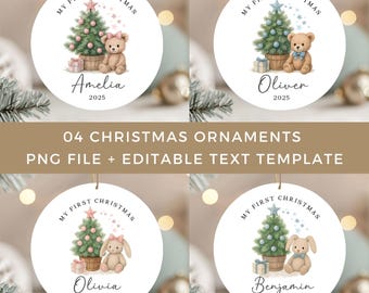 Baby's First Christmas Ornament PNG Bundle, Teddy Bear & Bunny Custom Text Designs (Digital Download)