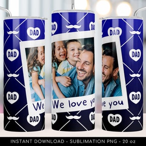 DAD Custom Photo Tumbler Sublimation Design. Dad PNG Tumbler Wrap Template, Blue Pattern, Add Your Own Photo, 20 oz Skinny. Instant Download
