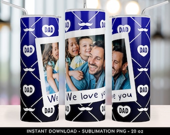 DAD Custom Photo Tumbler Sublimation Design. Dad PNG Tumbler Wrap Template, Blue Pattern, Add Your Own Photo, 20 oz Skinny. Instant Download