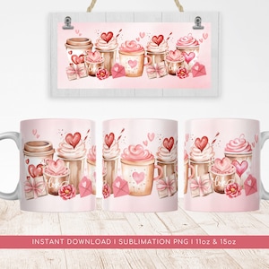 Love Coffee Cup PNG Mug Design. Valentine&#39;s Day Sublimation Mug. Valentine Cups Pattern 11oz | 15oz Transfer Wrap Template, Hearts Mug PNG.