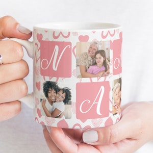 Nanny Photo Grid Heart Mug PNG, Grandmother Sublimation Digital Paper, Grandma Custom Photo Mug Gift, Heart Pattern Mug Transfer Wrap PNG. image 3