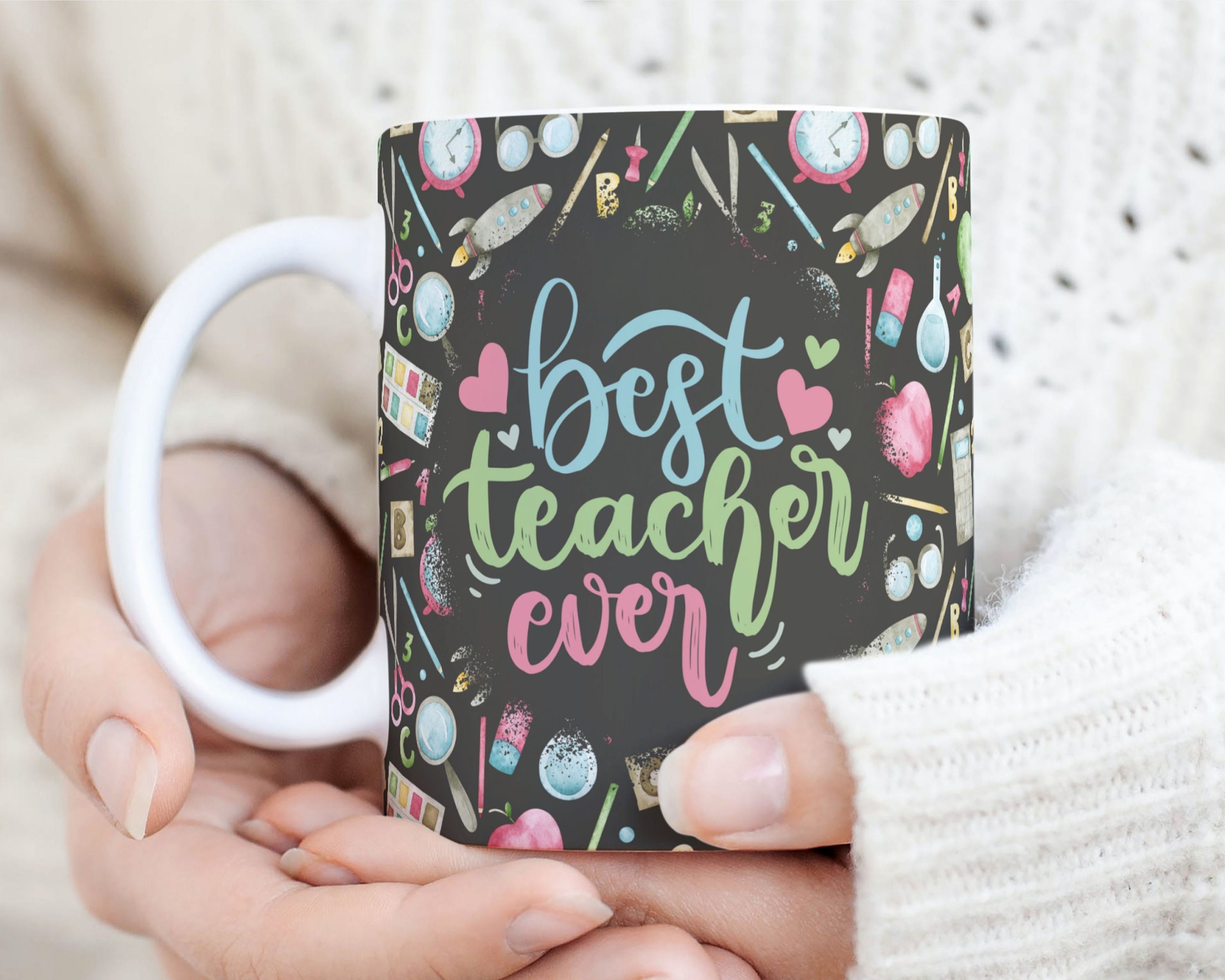 Best Teacher Ever Mug Sublimation PNG File School Watercolor Pattern 
