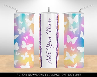 Tumbler Design, Rainbow Butterfly Pattern, PNG File for Sublimation. "Add your text", 20 oz Skinny Tumbler Wrap Design - Instant Download