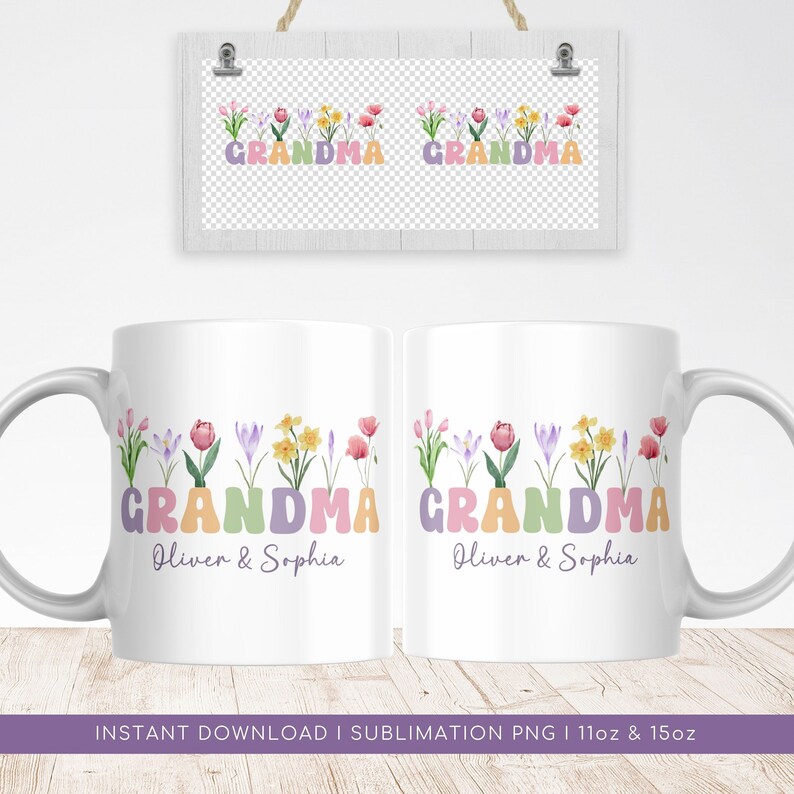 Grandma Mug Sublimation PNG, Floral Add Your Text Mug, Custom Grandkids Names PNG Mug, Wildflowers Mug, Coffee Mug Wrap Instant Download. image 2
