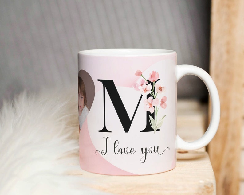 I Love You MOM Mug PNG Floral Mug, Heart Photo Template for Sublimation. Mother's day custom gift. Wrap Transfers Design High-Resolution image 2