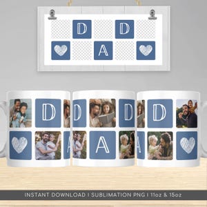 May include: White ceramic mug with a design featuring family photos and the word "DAD" in blue squares. The design includes a heart graphic, a personalized gift idea.