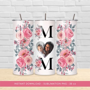 Mom Photo Tumbler PNG for Sublimation, Mom Floral Photo Tumbler PNG, Tumbler Wrap 20 oz, Mom Heart Photo Frame Tumbler PNG, Digital Download image 1