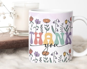 Thank You Mug Sublimation PNG File. Vintage Wildflowers Mug PNG, Thankful Sublimation Mug, Thanksgiving Gift Mug, Retro Wildflowers Mug PNG.