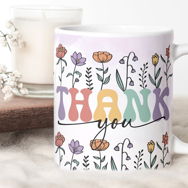 Thank You Mug Sublimation PNG File. Vintage Wildflowers Mug PNG, Thankful Sublimation Mug, Thanksgiving Gift Mug, Retro Wildflowers Mug PNG.