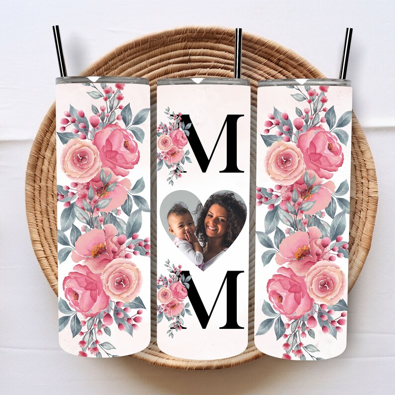 Mom Photo Tumbler PNG for Sublimation, Mom Floral Photo Tumbler PNG, Tumbler Wrap 20 oz, Mom Heart Photo Frame Tumbler PNG, Digital Download image 3