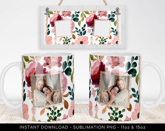 Sublimation Mug PNG Template. Floral Pattern, Photo Frame Png File, Two Photos Floral Mug, Wrap Transfers Design - 300dpi - Instant Download