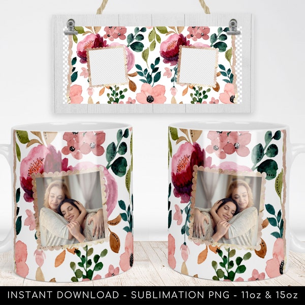 Sublimation Mug PNG Template. Floral Pattern, Photo Frame Png File, Two Photos Floral Mug, Wrap Transfers Design - 300dpi - Instant Download