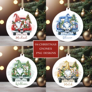 May include: Four Christmas gnome ornaments with personalised names. Each gnome is sitting in the back of a pickup truck with a Christmas tree and presents. The trucks are red, blue, green, and yellow.