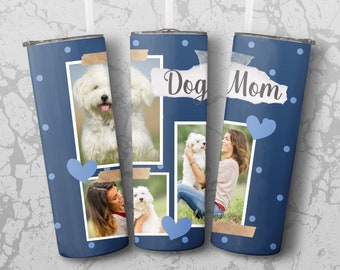 Blue Polka Dots DOG MOM Photo Template Tumbler PNG File for Sublimation, 20 oz Skinny Tumbler Sublimation Design, Straight & Tapered Png