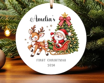 Baby's First Christmas Ornament PNG,  Santa Sleigh Custom Text Keepsake Design (Digital Download)