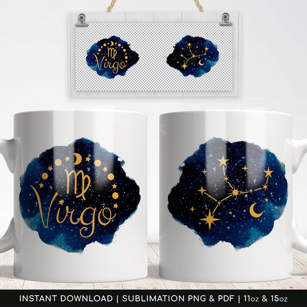 Sublimation Mug PNG, Virgo Zodiac Constellation, Sublimation Paper Centralized PDF - 11oz | 15oz - High-Resolution Transparent PNG