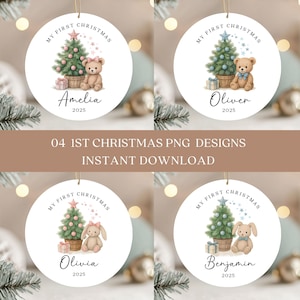 Op de afbeelding: Ronde kerstversieringen met aquarel illustraties. Elk heeft een kerstboom, een teddybeer of konijn, en de tekst "My First Christmas" met een naam en het jaar 2025. De ornamenten zijn ontworpen voor direct downloaden.