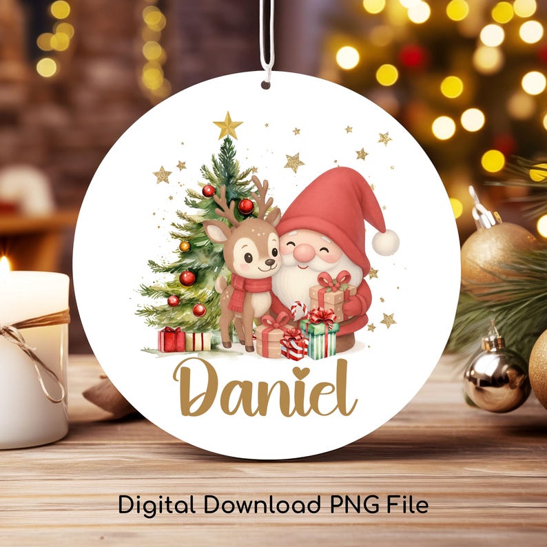 May include: A round Christmas ornament featuring a festive design. The ornament showcases a watercolor illustration of Santa Claus, a reindeer, and a Christmas tree. The name "Daniel" is written in gold script. The words "Digital Download PNG File" are at the bottom.
