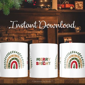 Tazza di Natale fai da te, allegra e luminosa, acquerello vintage arcobaleno PNG 11oz 15oz, pressa per tazze di trasferimento, modello di involucro, download immediato