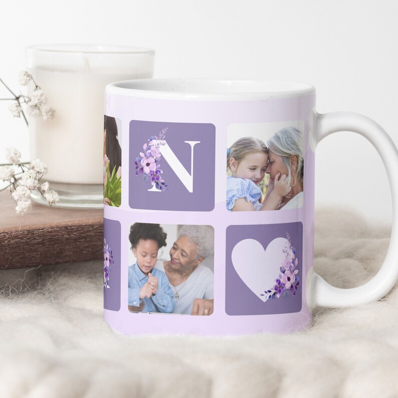 Nan Photo Grid Floral Mug PNG, Grandmother Sublimation Digital Paper, Grandma Custom Photo Mug Gift, Nanny Heart Mug Transfer Wrap PNG. image 1